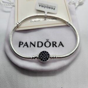 New Pandora Moments Sparkling Blue Disc Clasp Snake Chain Bracelet Size 7.5 in
